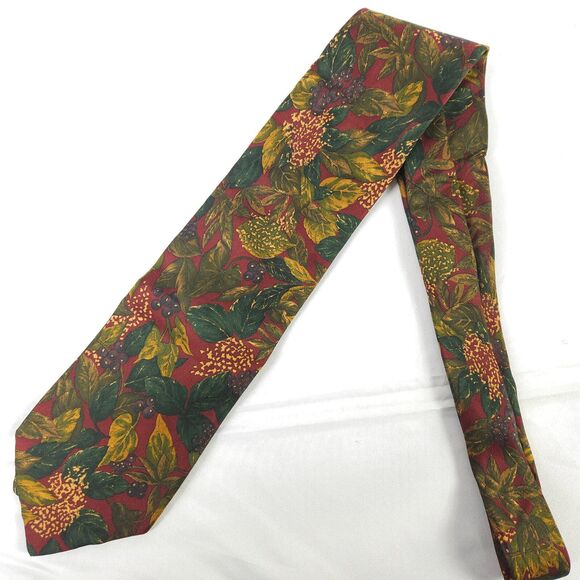 Kenneth Gordon Floral Leaf Berry Flower Silk Tie 57" x 3.75" Made in USA - Picture 1 of 6
